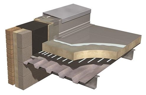 Illustration of a typical warm flat roof construction, featuring tissue faced PIR insulation boards on a steel structural deck.